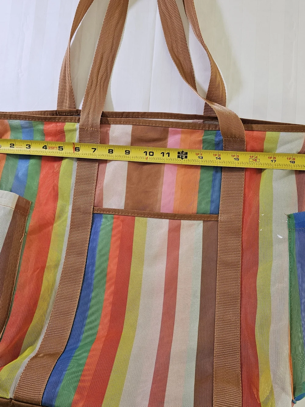 Striped Multicolor Beach Tote Bag with Brown Straps